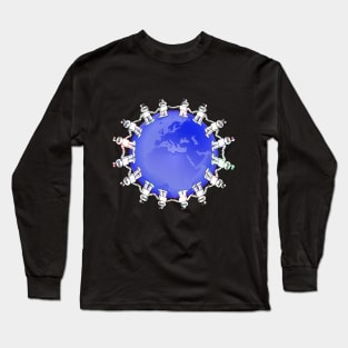 Blue Globe Surrounded by Little Cute Robots Long Sleeve T-Shirt